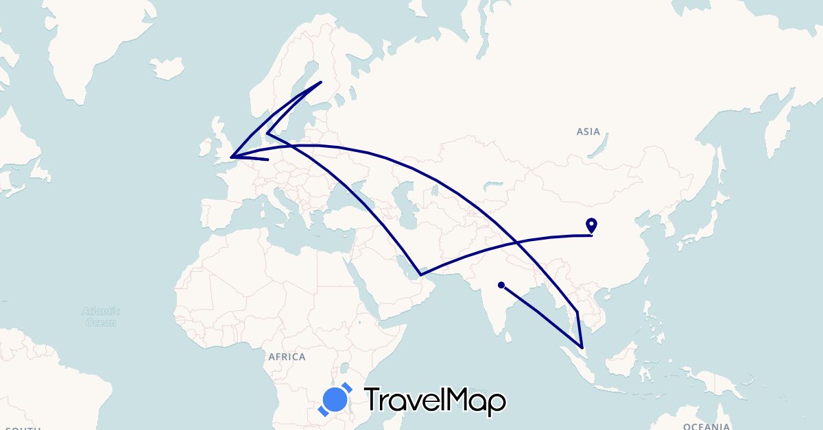 TravelMap itinerary: driving in United Arab Emirates, China, Germany, Denmark, Finland, United Kingdom, India, Malaysia, Thailand (Asia, Europe)